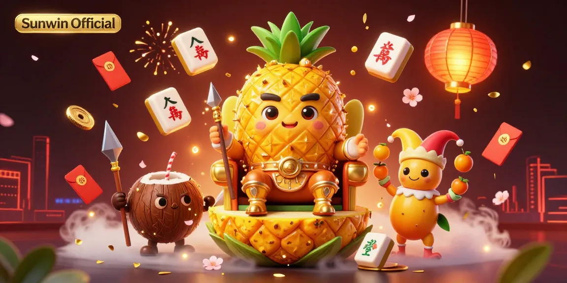 Experience the vibrant world of Sunwin Official with the golden pineapple king and colorful casino elements.