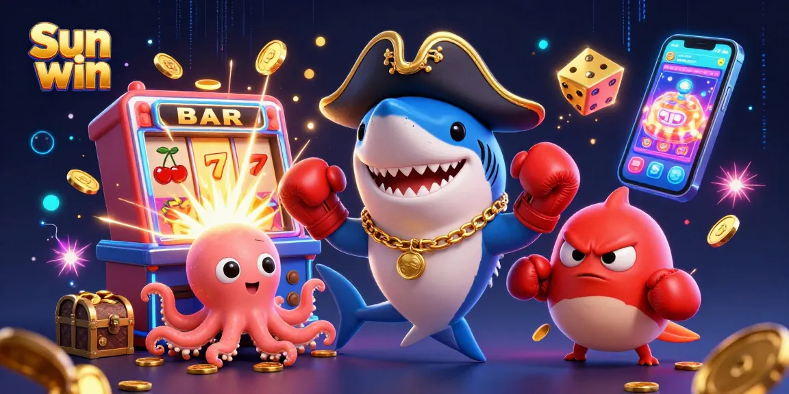 Experience exciting gameplay with Sun win, featuring a vibrant 3D scene of characters and colorful casino elements.
