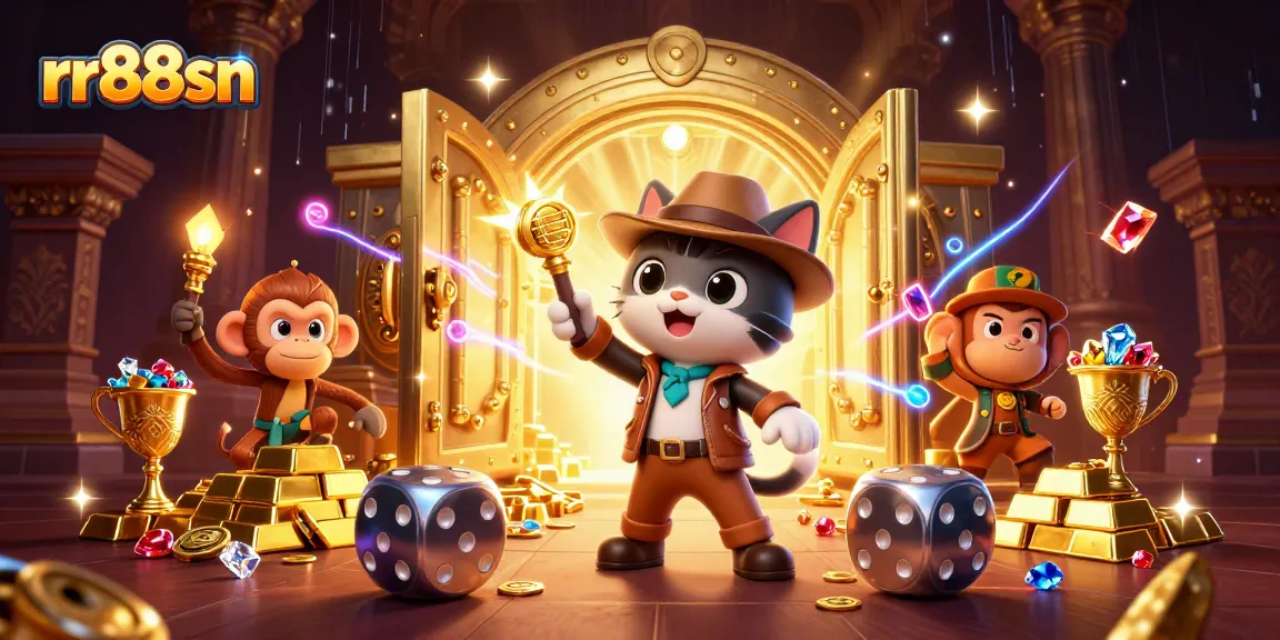 Win big with rr88sn: 3D illustration of a cat archaeologist and monkey in a temple filled with casino treasures.