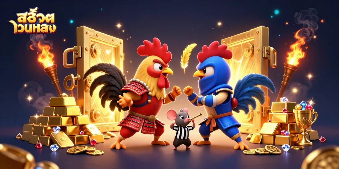 Engage in สล็อตเว็บตรง action as fighting roosters clash amidst golden treasures.